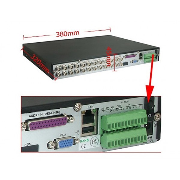 DVR9004 Security 16CH CCTV H.264 Network DVR System 480FPS 16CH Audio (Black)